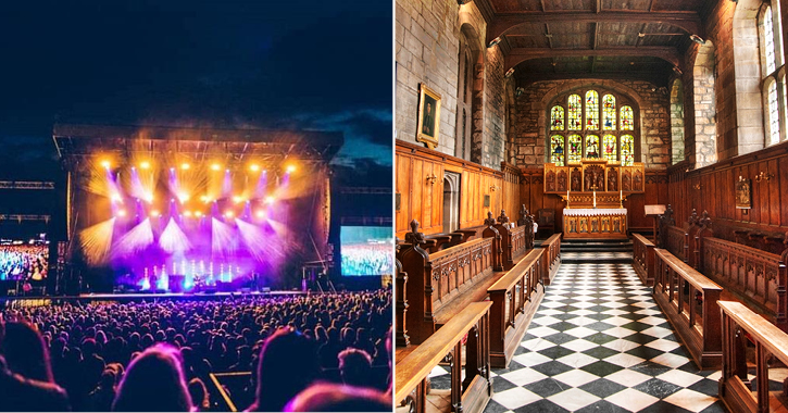 crowd watching live music at Hardwick Live festival and inside Durham Castle chapel